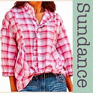 Sundance catalog Janice plaid 100% cotton lightweight breezy blouse